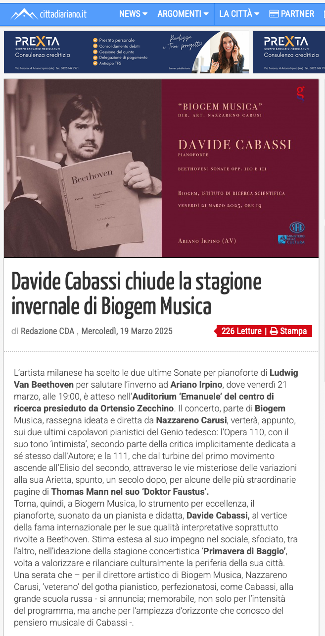 Davide Cabassi chiude la stagione invernale di Biogem Musica